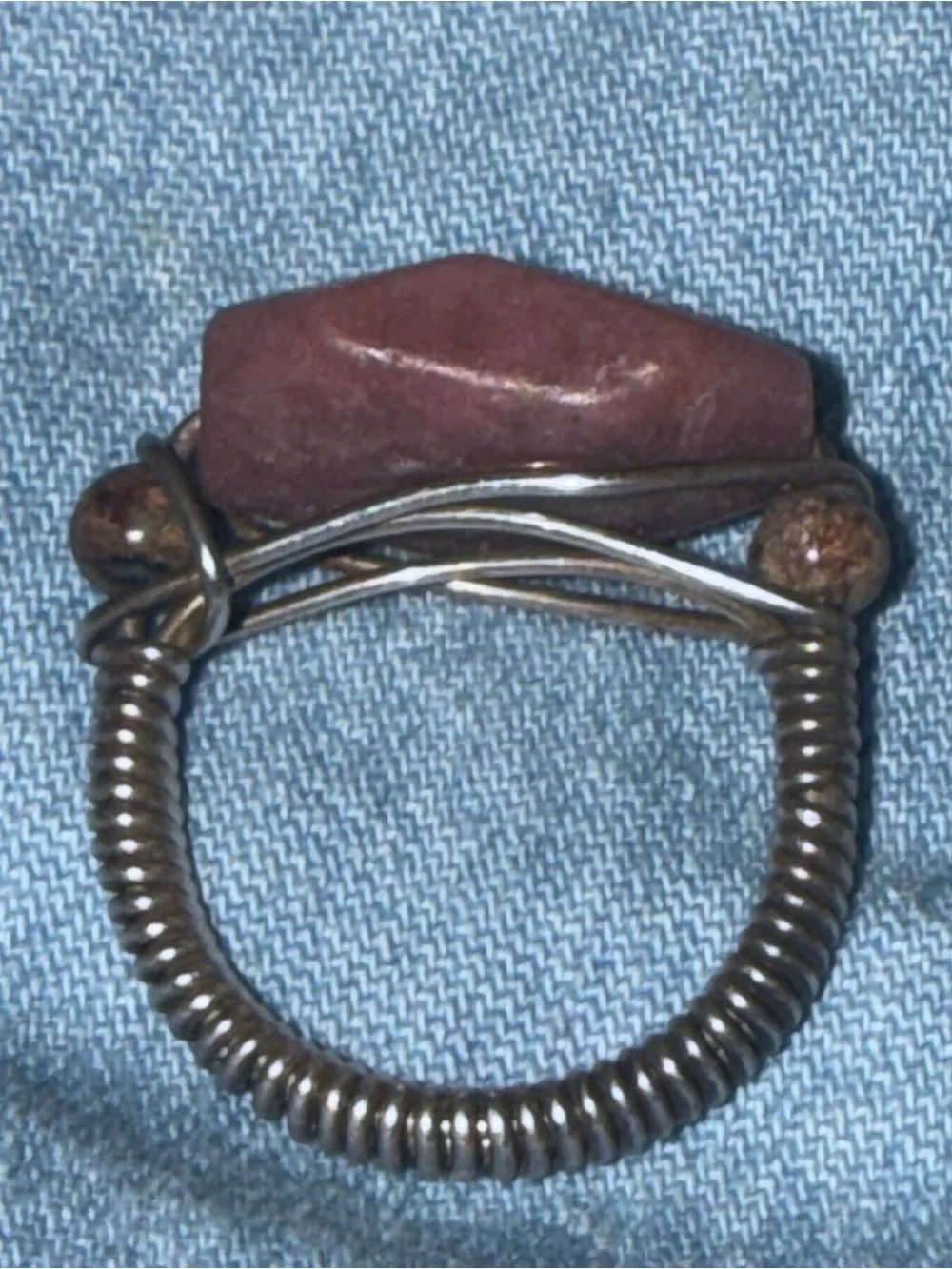 Vintage Artisan Sterling Silver Wire-Wrapped Ring w Natural Pink Rhodonite Stone